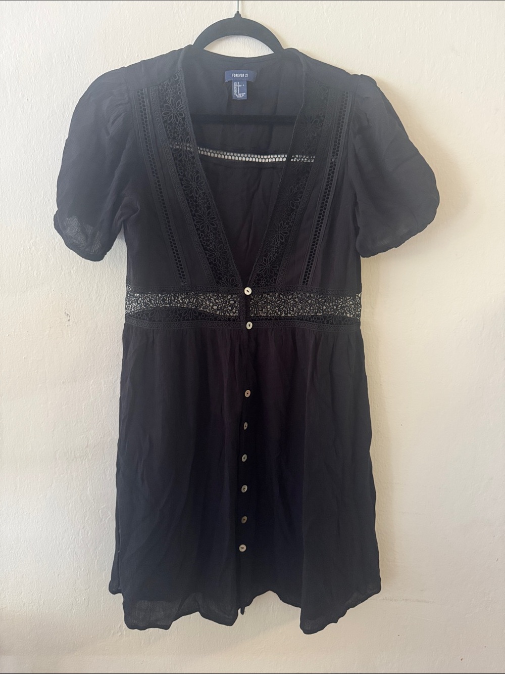 Black Button-Front Lace-Trim Dress